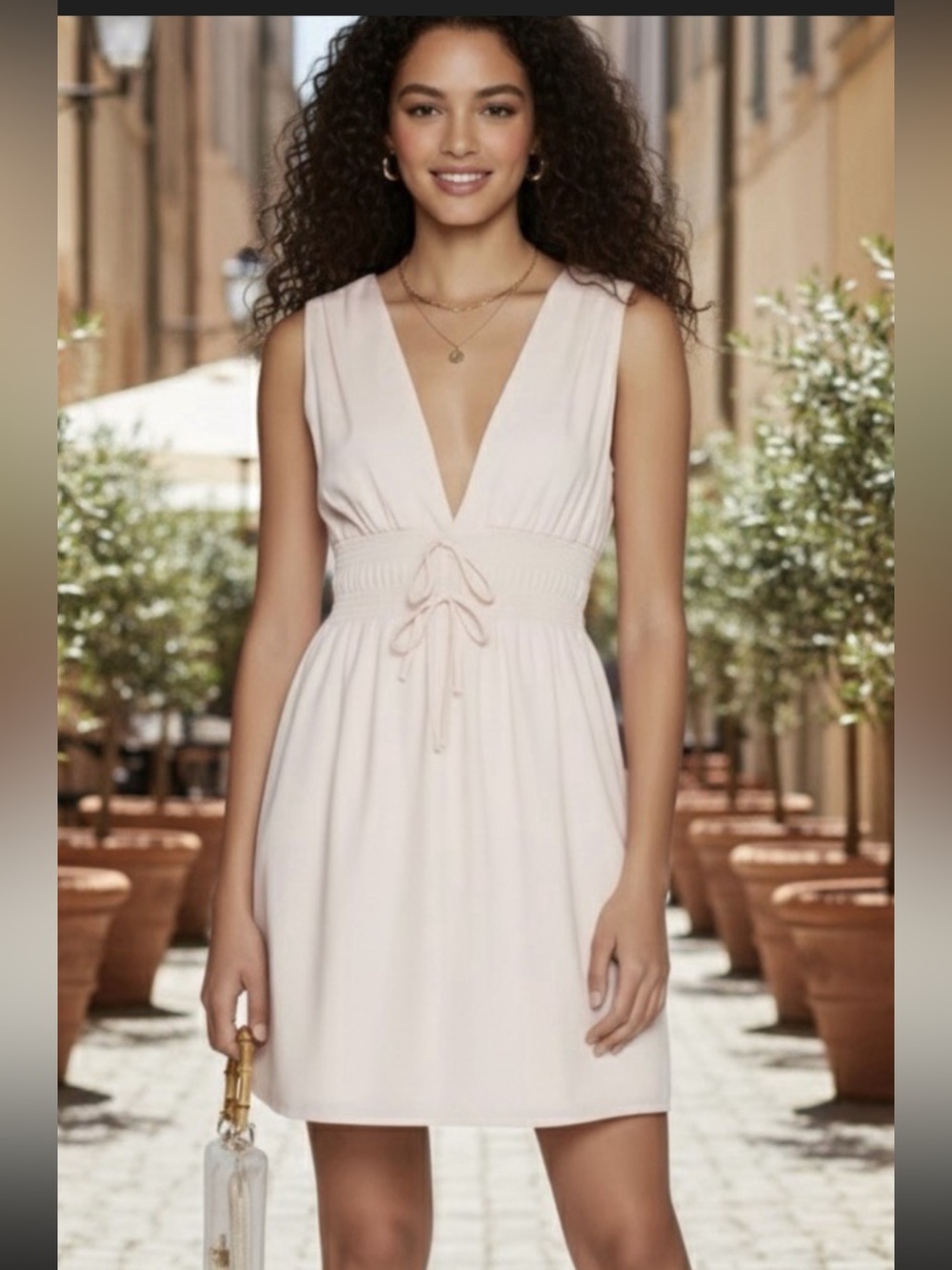 Rainbow Cream Sleeveless V-Neck Drawstring Mini Dress
